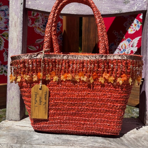 Handbags - NWT Orange Straw Autumn Decorative Beaded Picnic Cottagecore Shoulder/Tote Bag